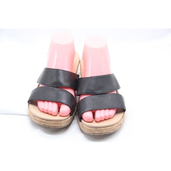 Crocs A Leigh Sandals Womens Sz 10 Black Leather Cork Wedge Heel Slip On Slide - Picture 2 of 7